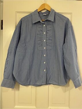 GAP Blue and White Striped Button-Down Shirt with Pintuck Bib
